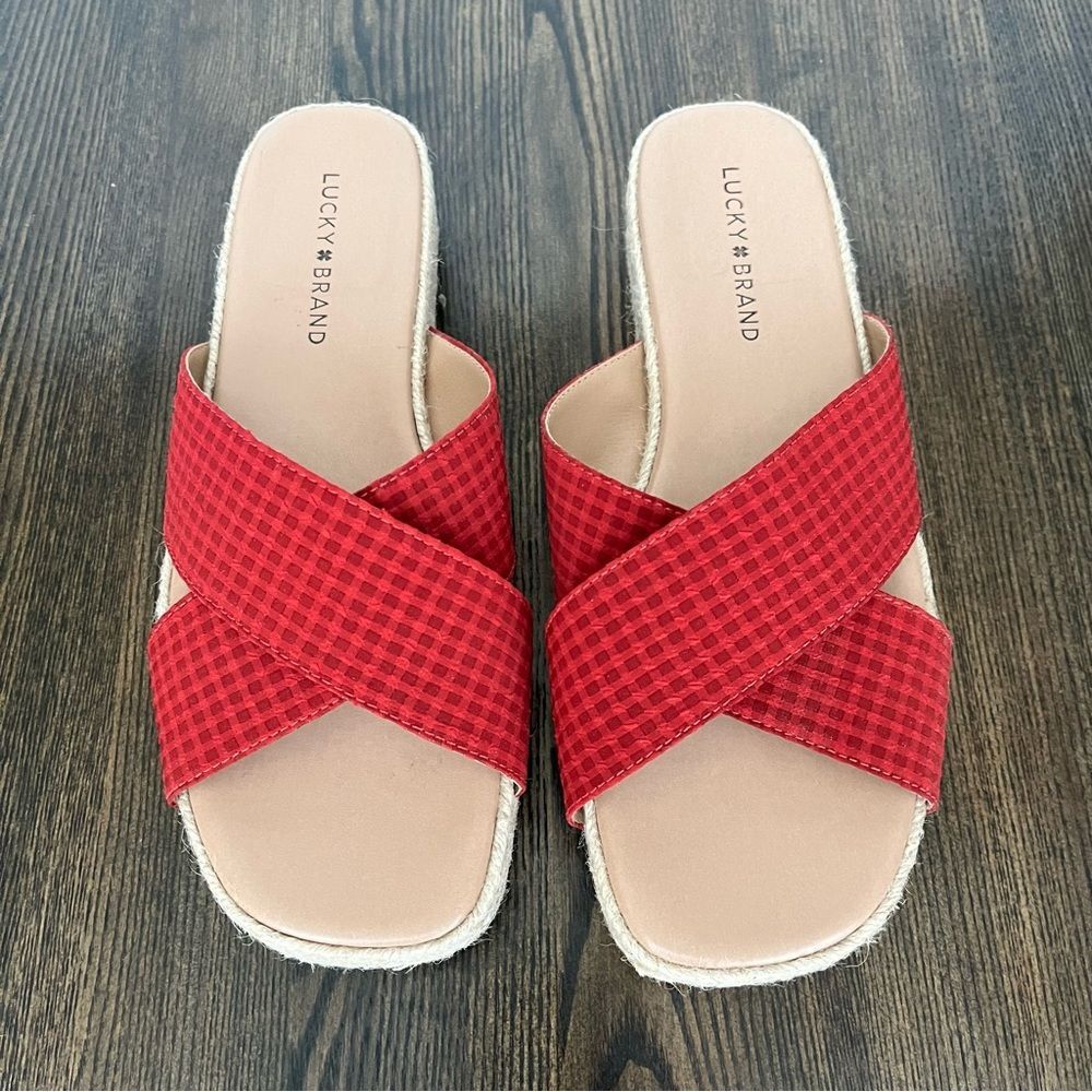 Lucky Brand Gayte Checked Seersucker Slide/Sandals-Garnet Women’s Sz 8.5